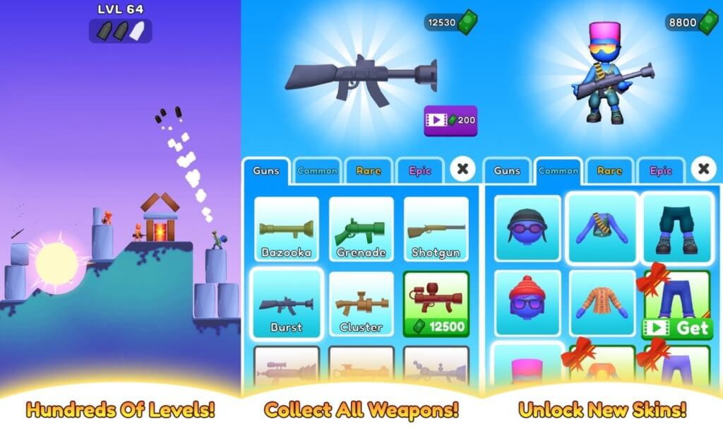 Разблокируйте уникальные скины для своего персонажа в игре Bazooka Boy