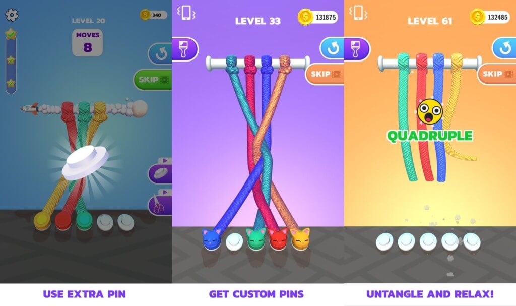 Зарабатывайте деньги и покупайте забавные скины в игре Мастер распутывания в 3D