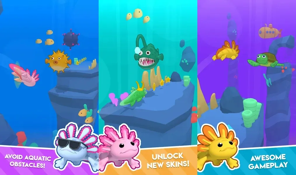 Плавайте через различные препятствия в игре Axolotl Rush