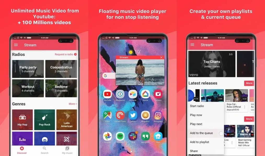 Stream – приложение для музыкального проигрывателя, использующее основной поток данных с Youtube