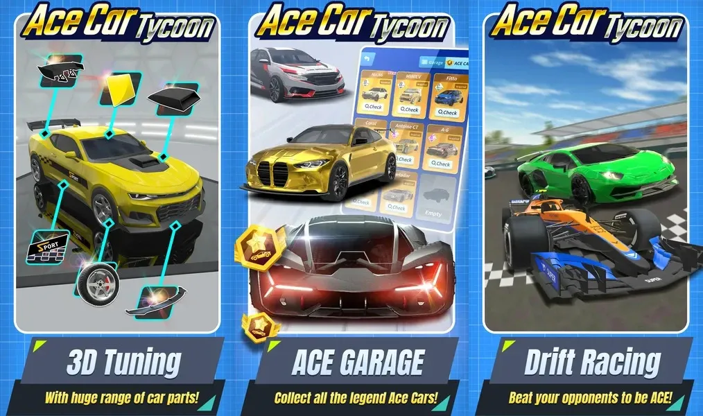Собери коллекцию крутых тачек в игре Ace Car Tycoon
