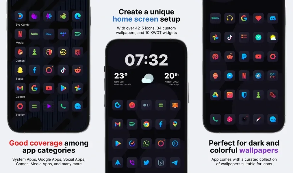 Nova Dark Icon Pack — приложение, персонализирующее интерфейс домашнего экрана