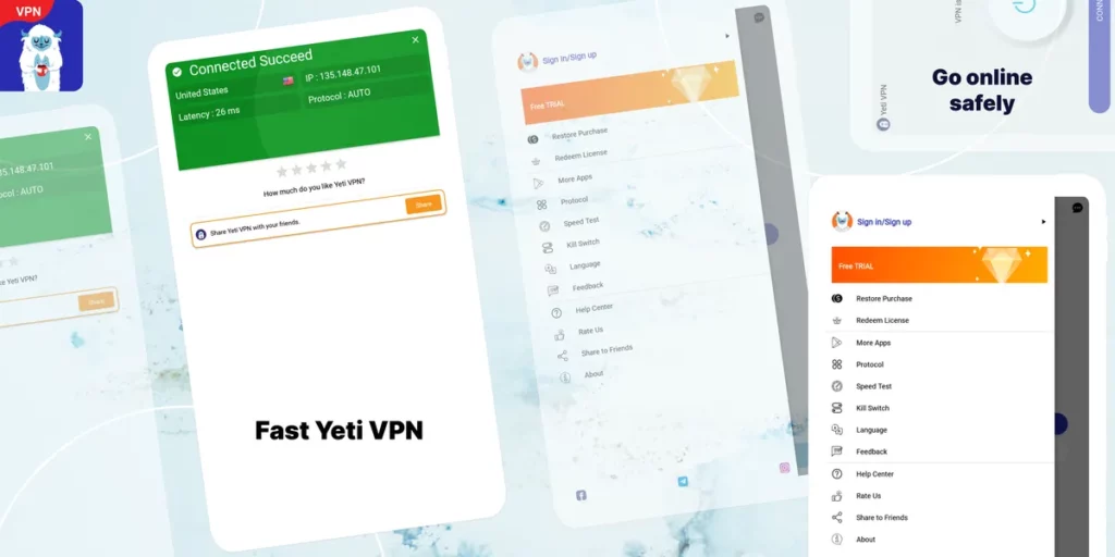 Yeti VPN - простой интерфейс, оптимизированный для мобильных устройств